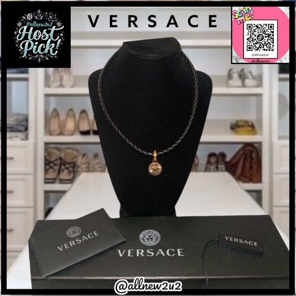 Versace Medusa Logo Goldtone Nickel Free Braided Leather Necklace Unisex